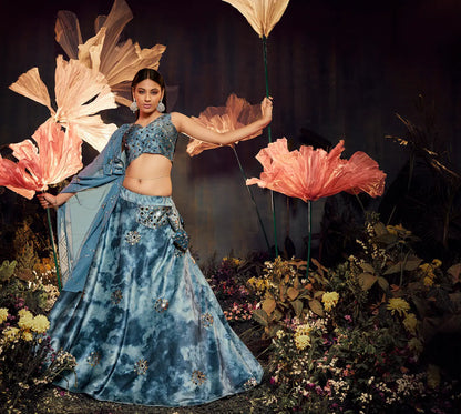 Sky Blue Velvet Lehenga Choli With Print With Thread, Sequence Embroidery & Mirror Work