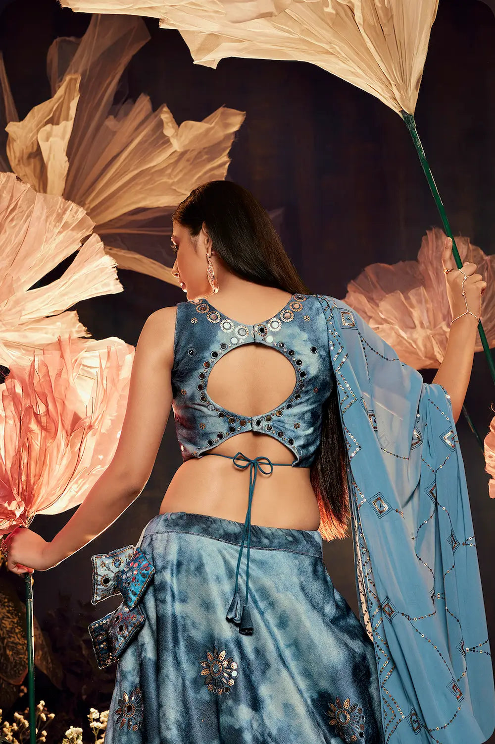 Sky Blue Velvet Lehenga Choli With Print With Thread, Sequence Embroidery & Mirror Work