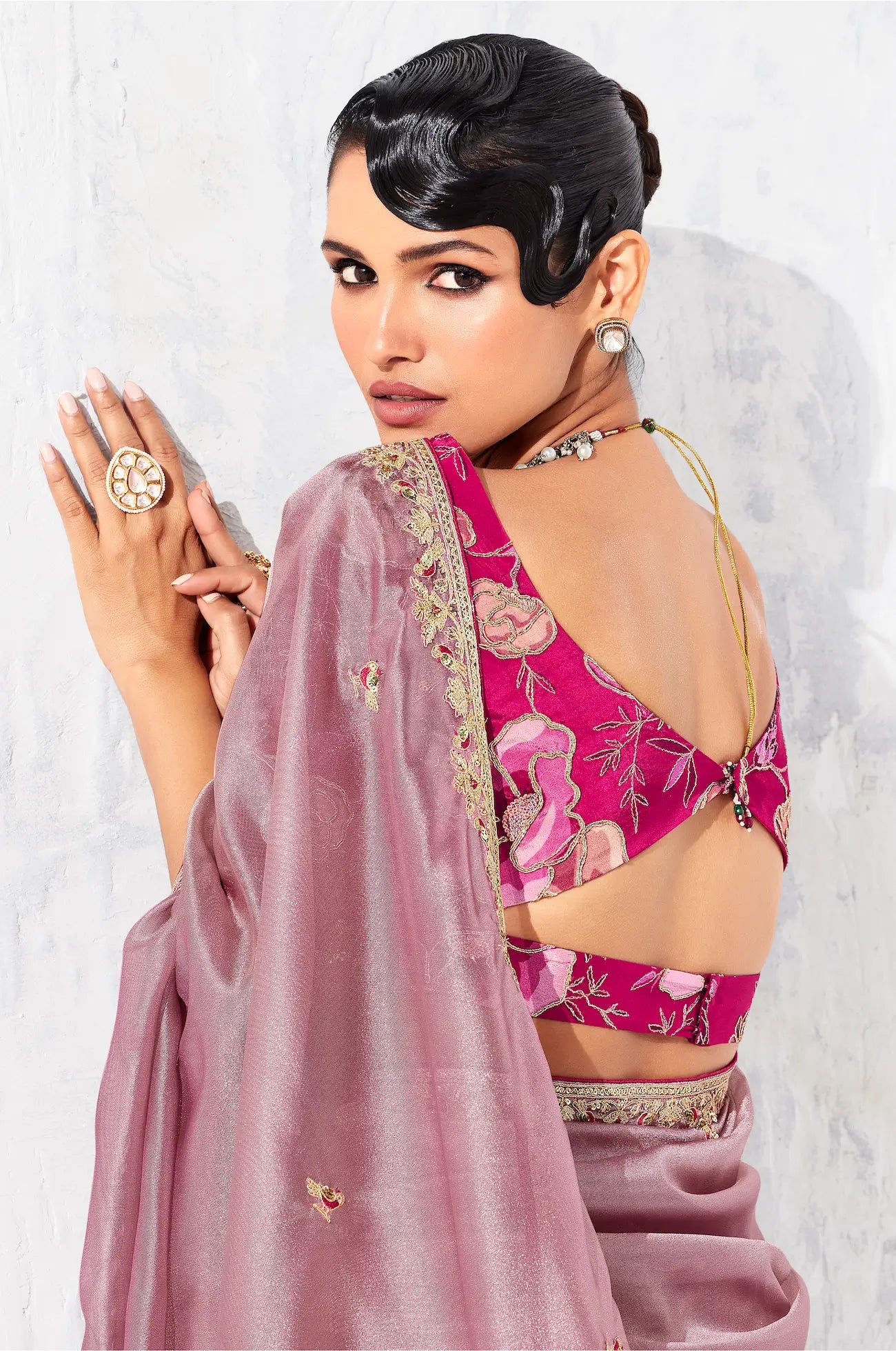 Rosy Pink Glass Tissue Embroidery Party Wear Saree