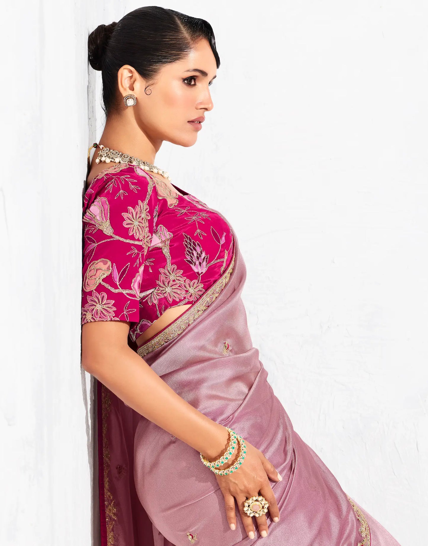 Rosy Pink Glass Tissue Embroidery Party Wear Saree