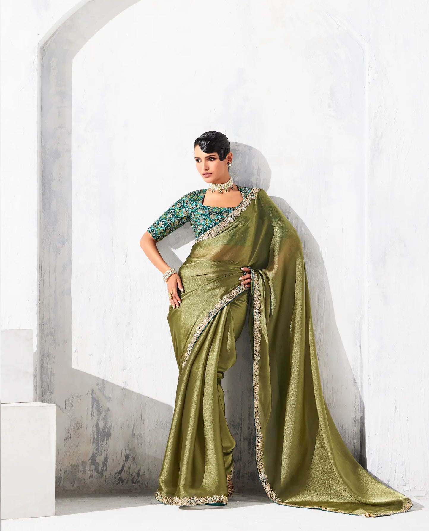 Olive Green Glass Tissue Embroidery Party Wear Saree
