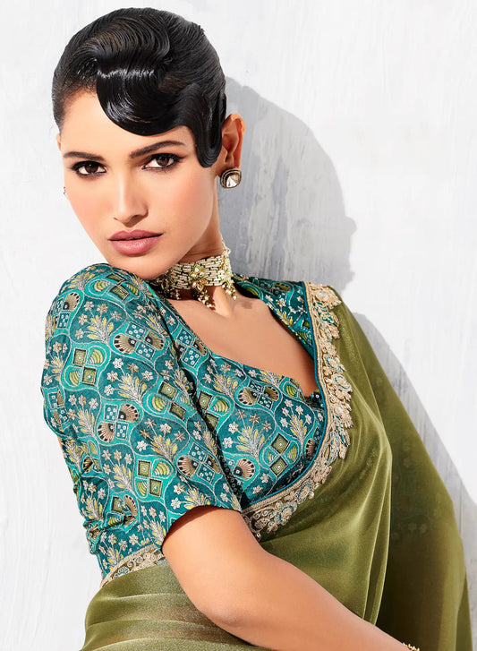 Olive Green Glass Tissue Embroidery Party Wear Saree