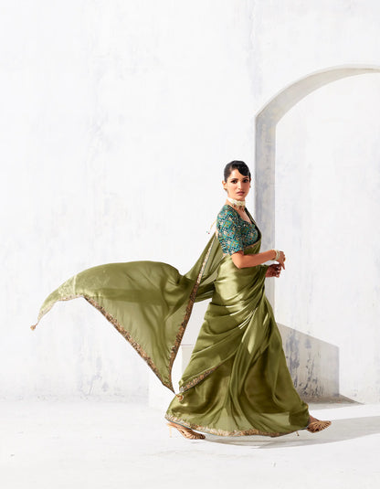Olive Green Glass Tissue Embroidery Party Wear Saree