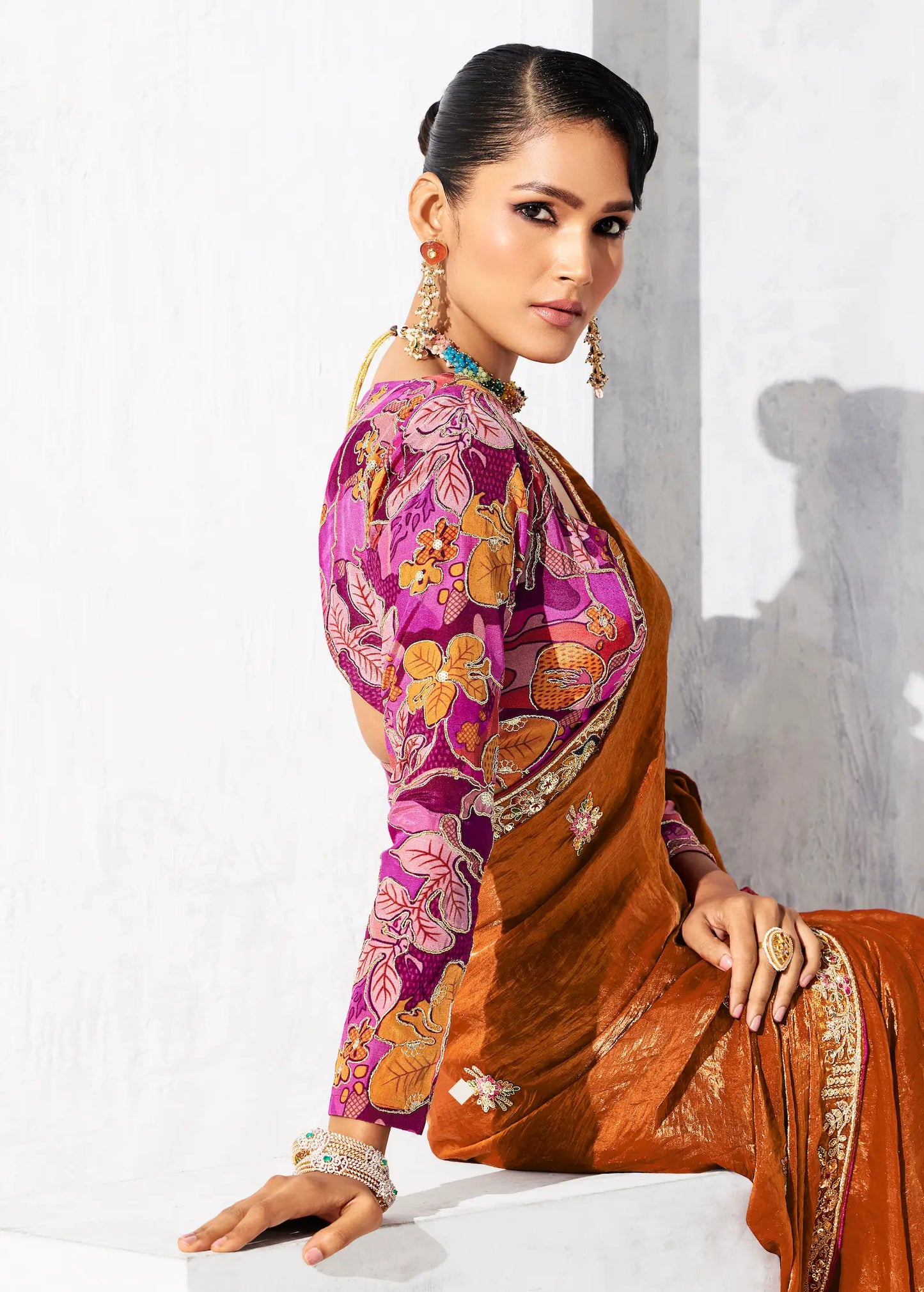 Rust Orange Glass Tissue Embroidery Party Wear Saree