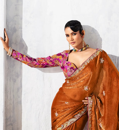 Rust Orange Glass Tissue Embroidery Party Wear Saree