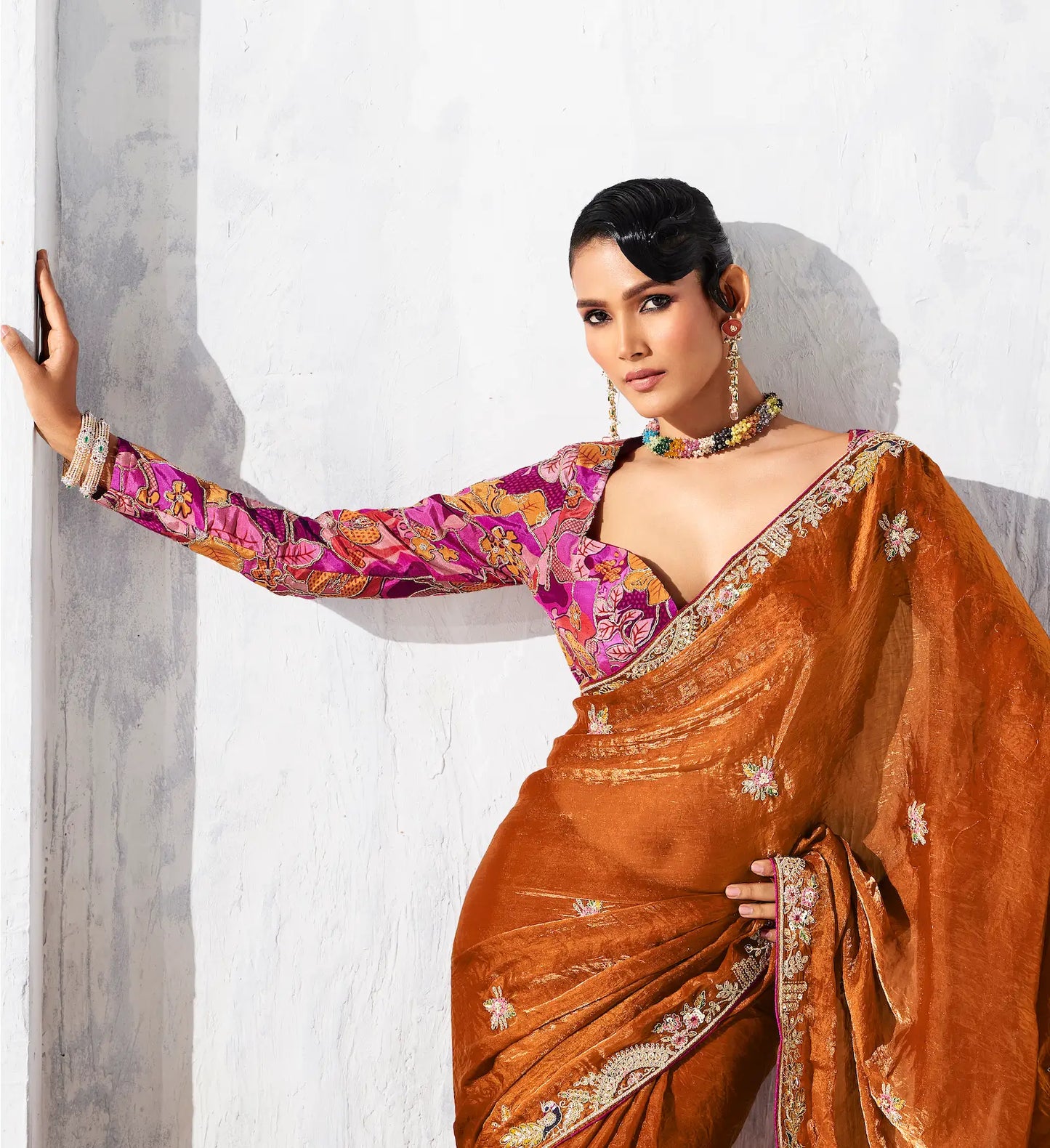 Rust Orange Glass Tissue Embroidery Party Wear Saree