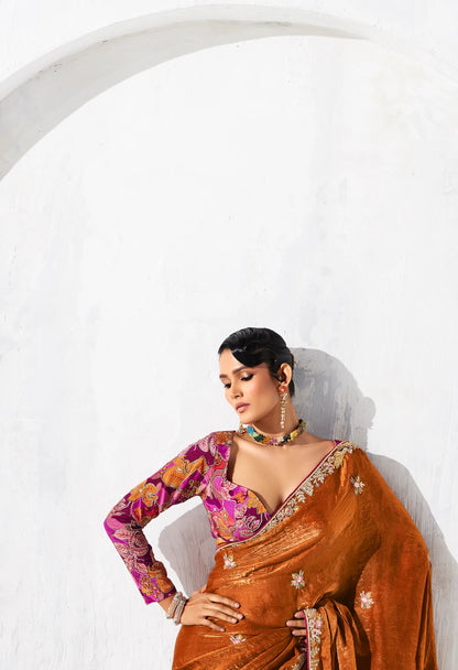 Rust Orange Glass Tissue Embroidery Party Wear Saree