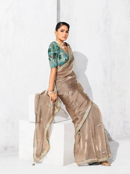 Dusty Beige Glass Tissue Embroidery Party Wear Saree
