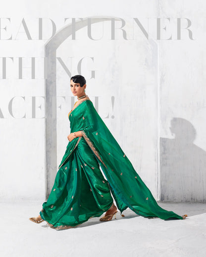 Dark Green Glass Tissue Embroidery Party Wear Saree