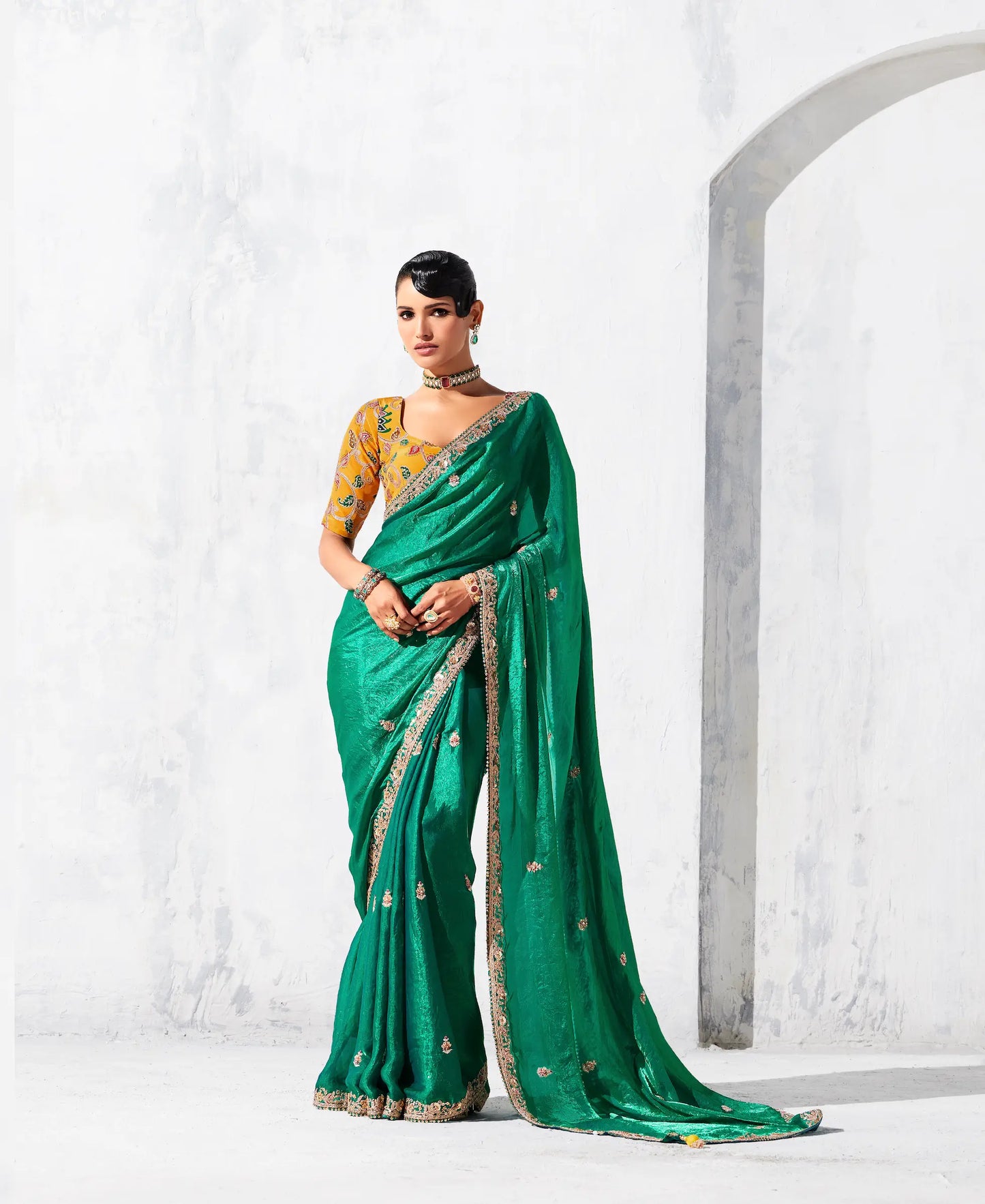 Dark Green Glass Tissue Embroidery Party Wear Saree