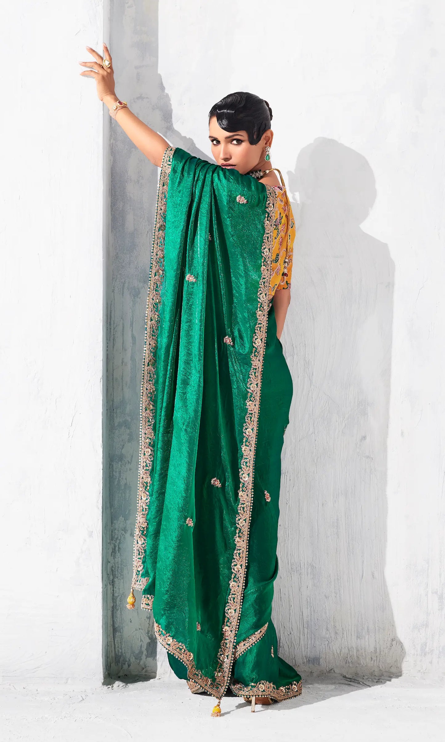 Dark Green Glass Tissue Embroidery Party Wear Saree