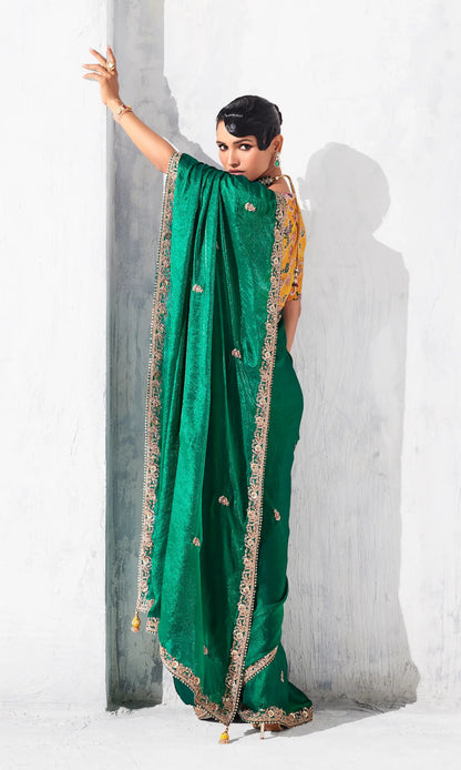 Dark Green Glass Tissue Embroidery Party Wear Saree