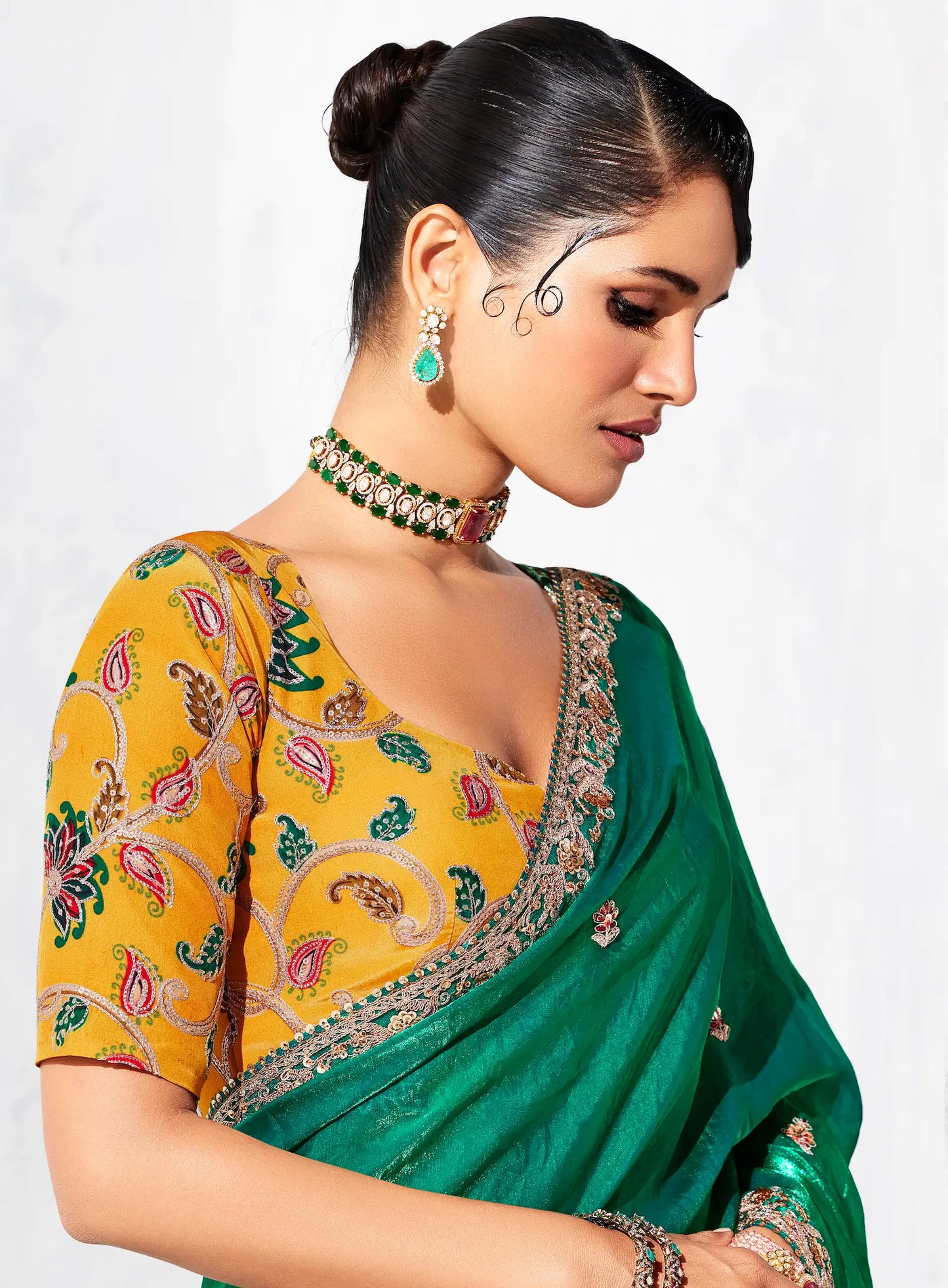Dark Green Glass Tissue Embroidery Party Wear Saree