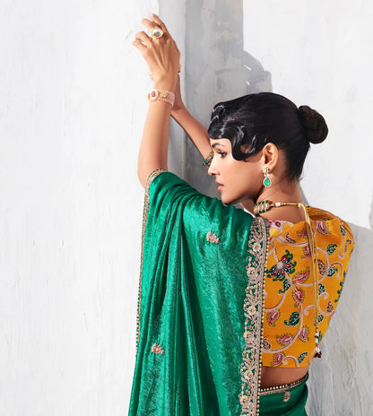 Dark Green Glass Tissue Embroidery Party Wear Saree