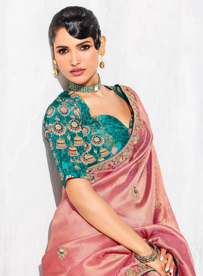 Peach Pink Glass Tissue Embroidery Party Wear Saree