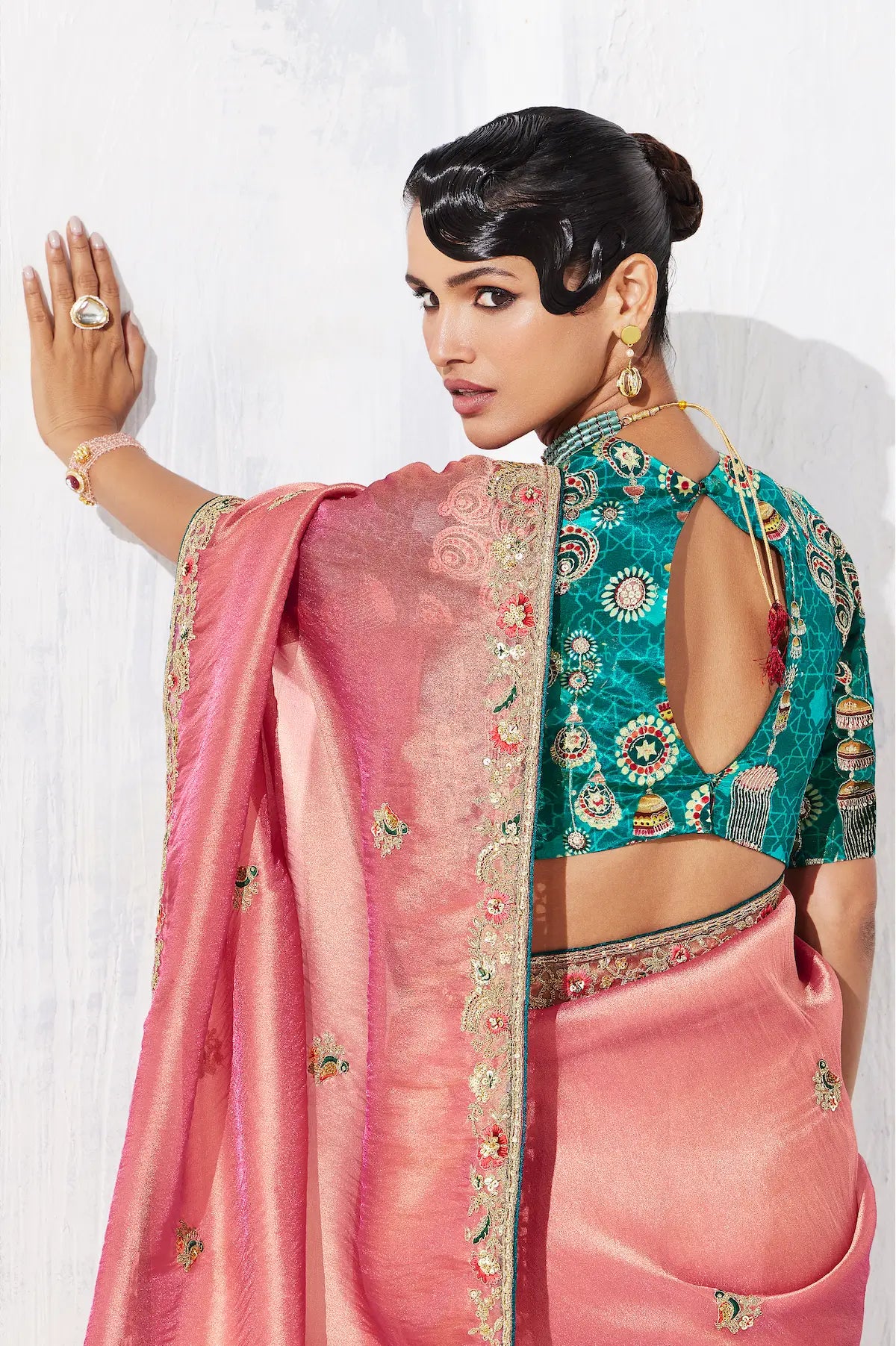 Peach Pink Glass Tissue Embroidery Party Wear Saree