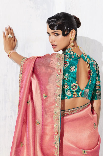 Peach Pink Glass Tissue Embroidery Party Wear Saree
