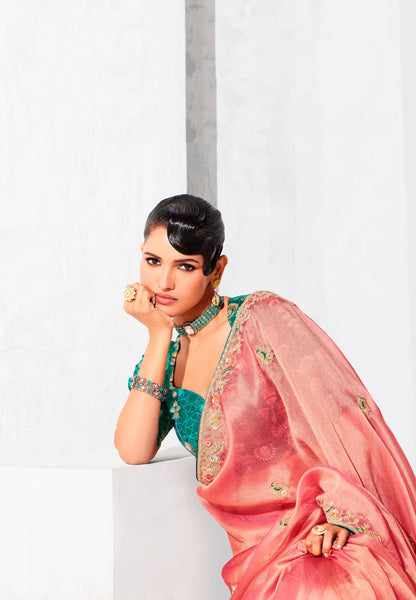 Peach Pink Glass Tissue Embroidery Party Wear Saree