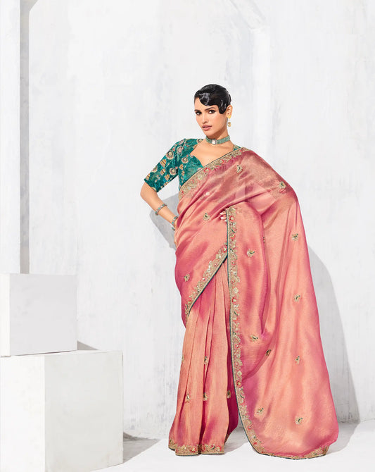 Peach Pink Glass Tissue Embroidery Party Wear Saree