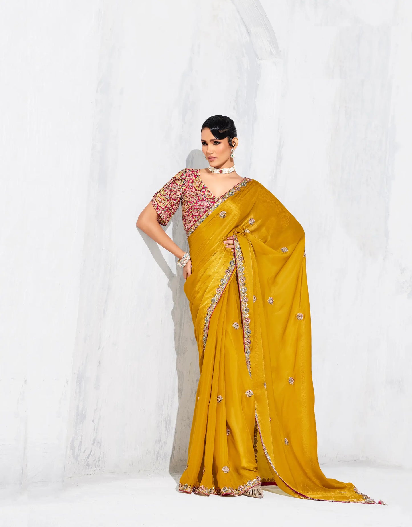 Bee Yellow Glass Tissue Embroidery Party Wear Saree