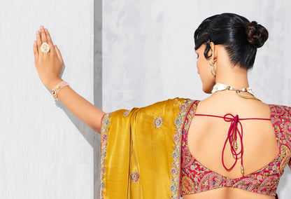 Bee Yellow Glass Tissue Embroidery Party Wear Saree