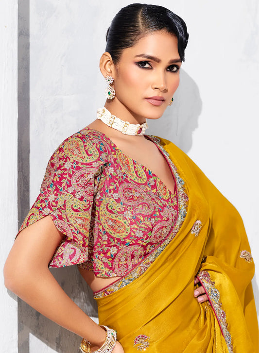 Bee Yellow Glass Tissue Embroidery Party Wear Saree