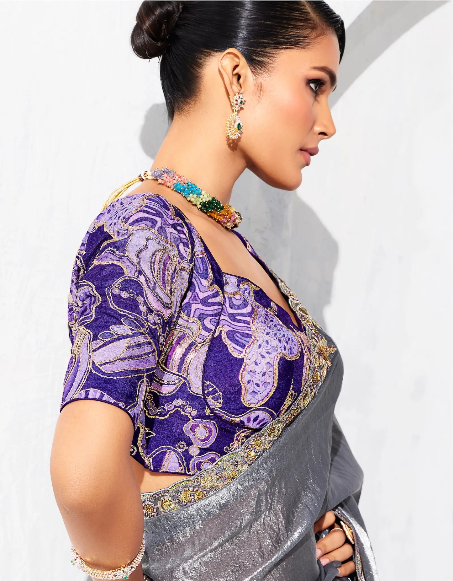 Dark Grey Glass Tissue Embroidery Party Wear Saree