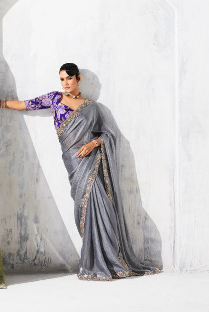 Dark Grey Glass Tissue Embroidery Party Wear Saree