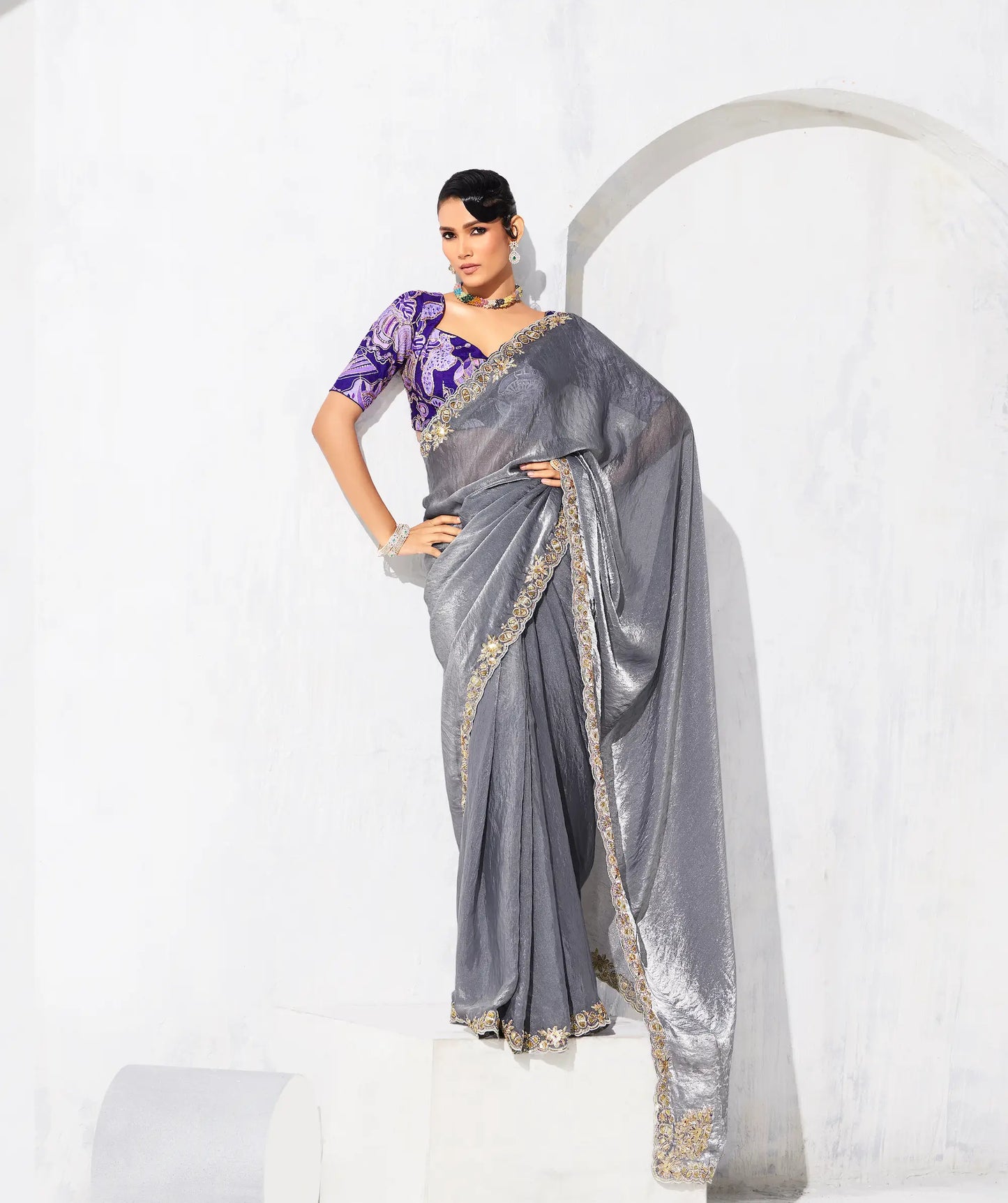 Dark Grey Glass Tissue Embroidery Party Wear Saree