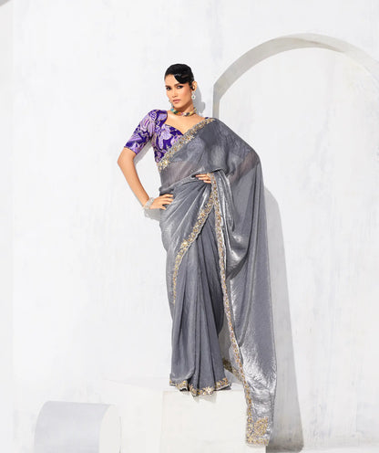 Dark Grey Glass Tissue Embroidery Party Wear Saree