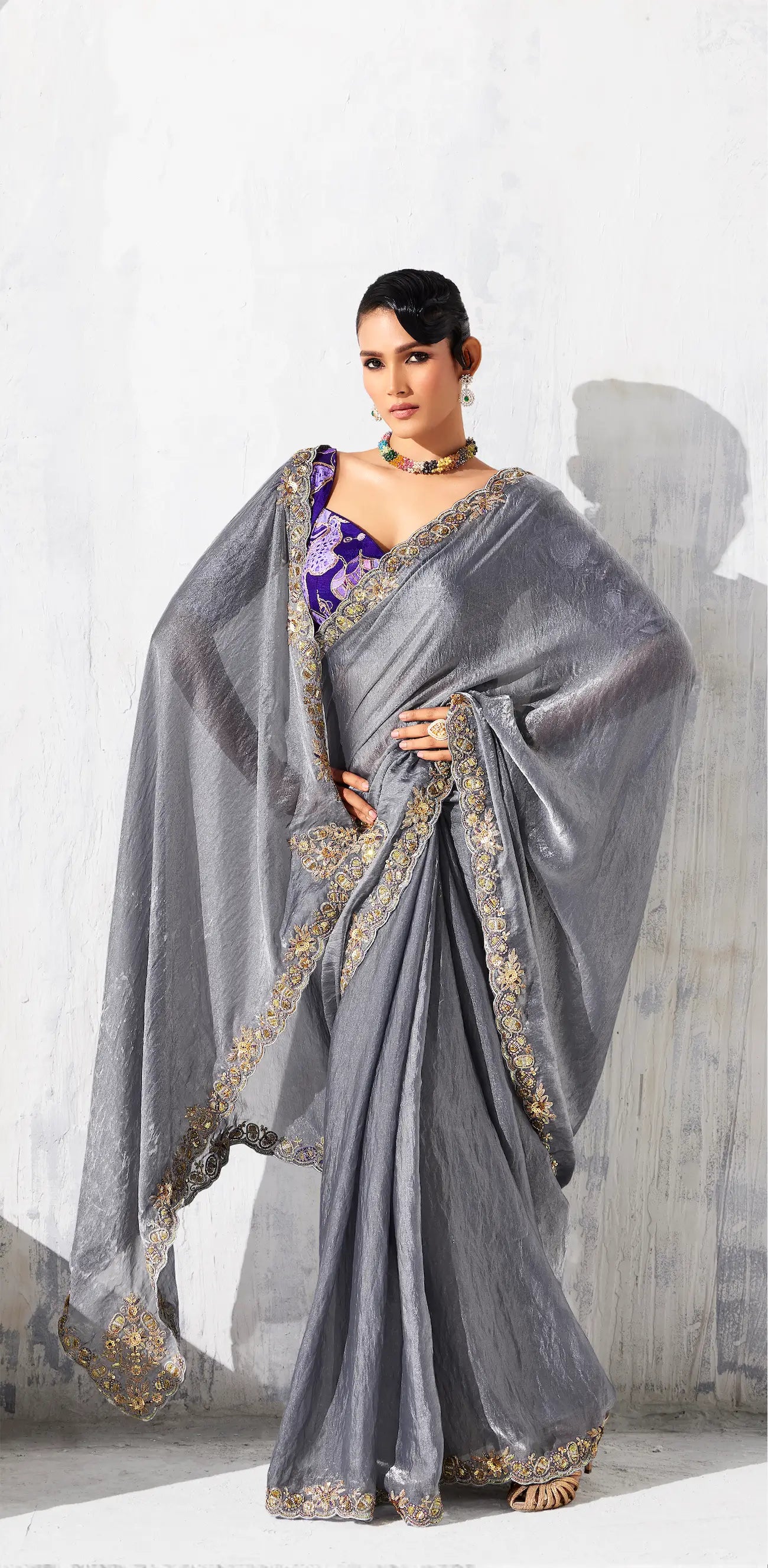 Dark Grey Glass Tissue Embroidery Party Wear Saree