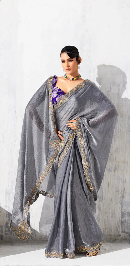 Dark Grey Glass Tissue Embroidery Party Wear Saree