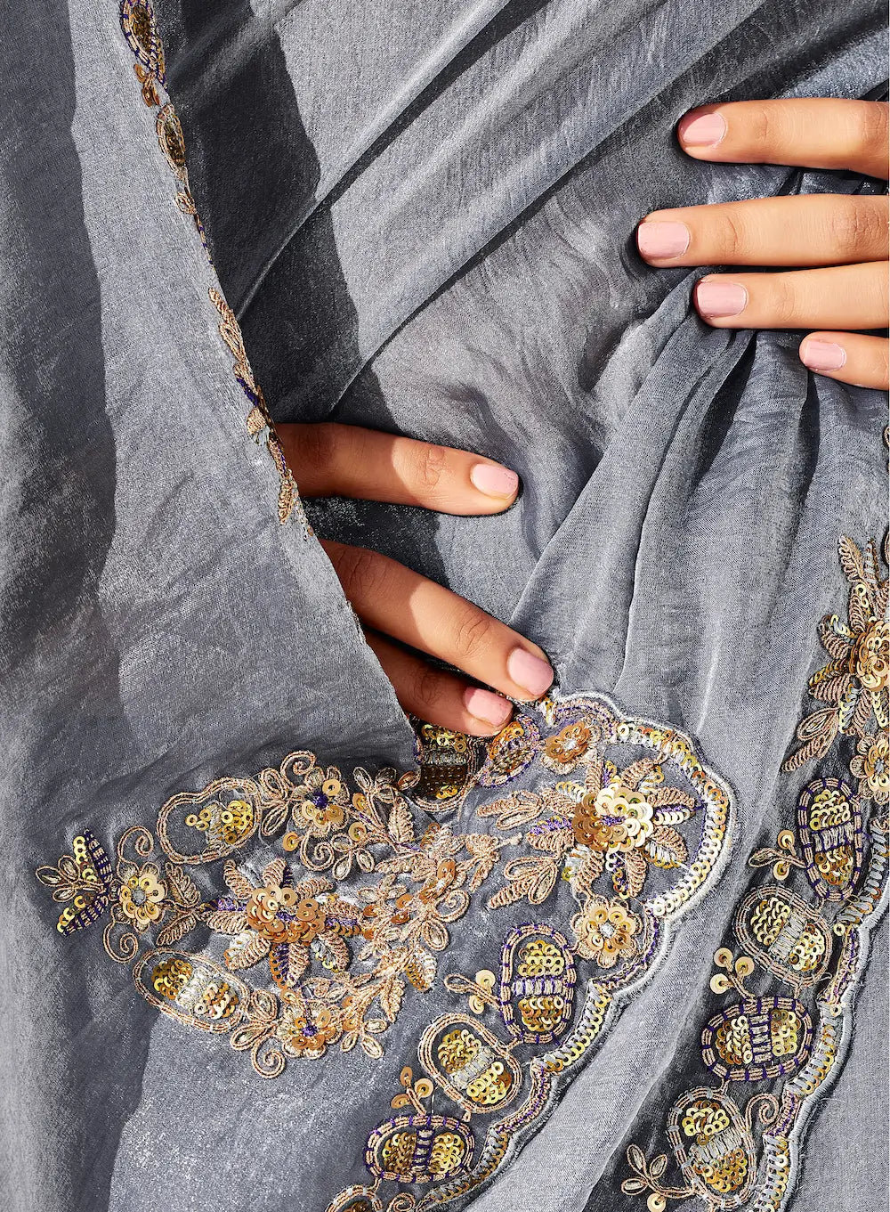 Dark Grey Glass Tissue Embroidery Party Wear Saree