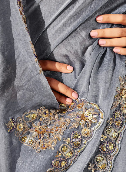 Dark Grey Glass Tissue Embroidery Party Wear Saree