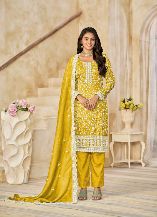 Yellow Crush Organza Embroidery Work Salwar Suit