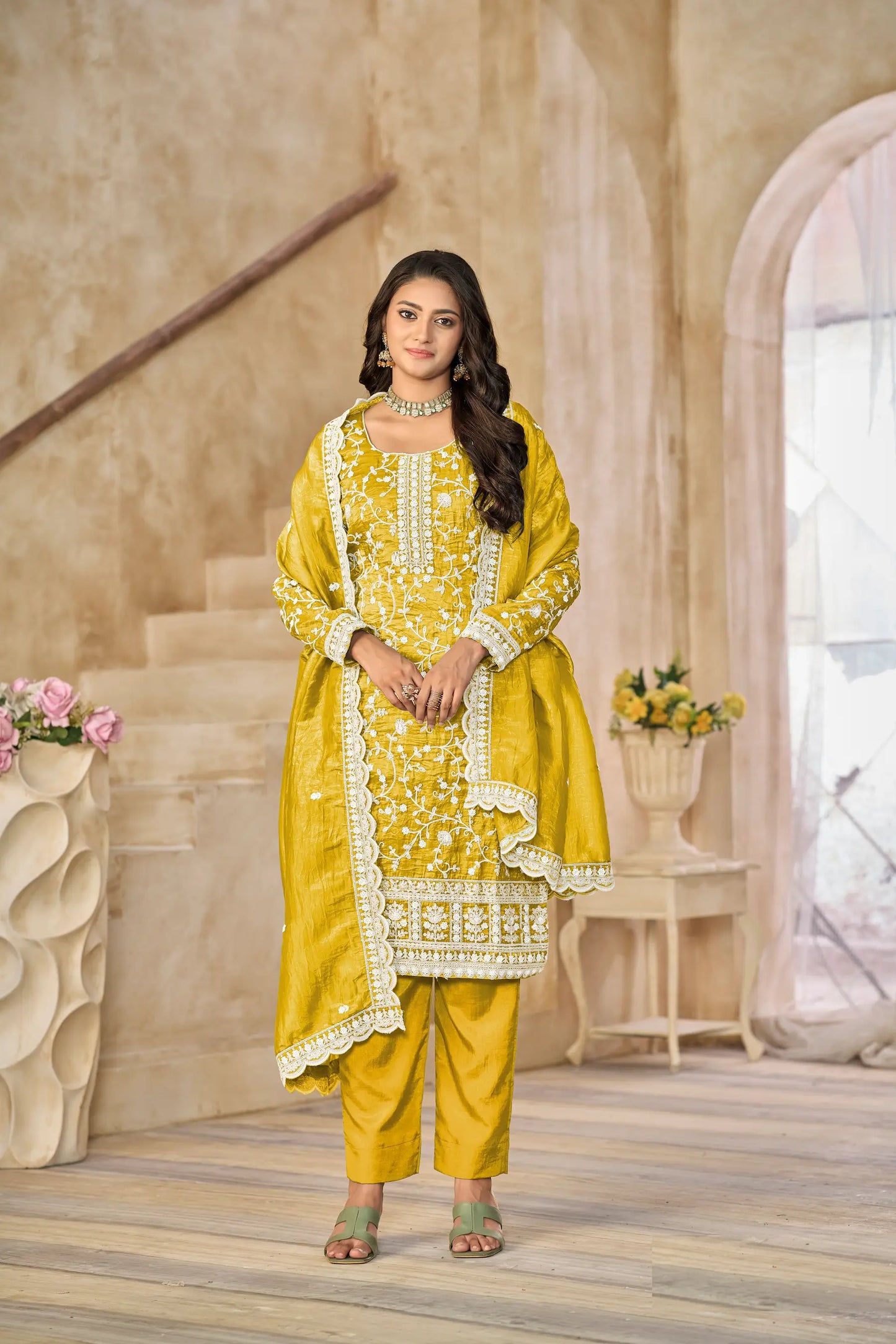 Yellow Crush Organza Embroidery Work Salwar Suit