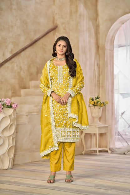 Yellow Crush Organza Embroidery Work Salwar Suit