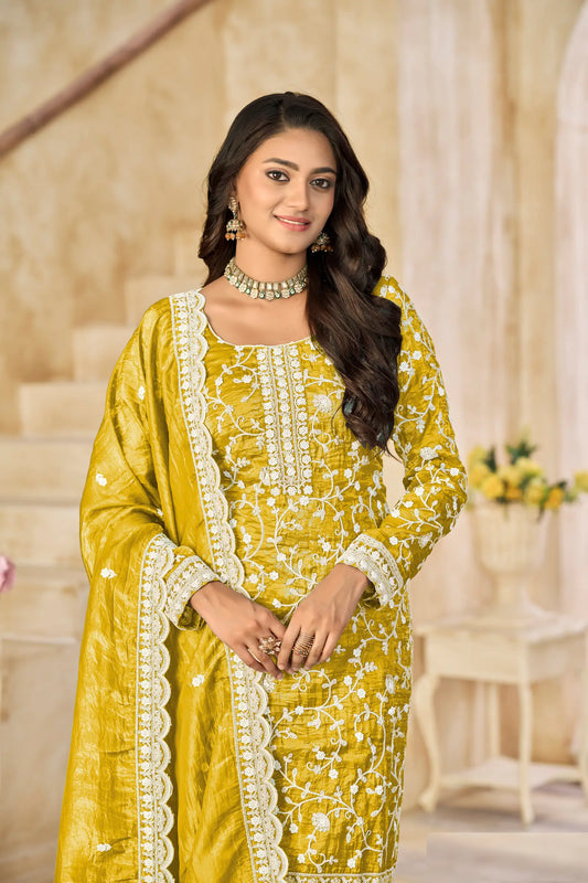 Yellow Crush Organza Embroidery Work Salwar Suit