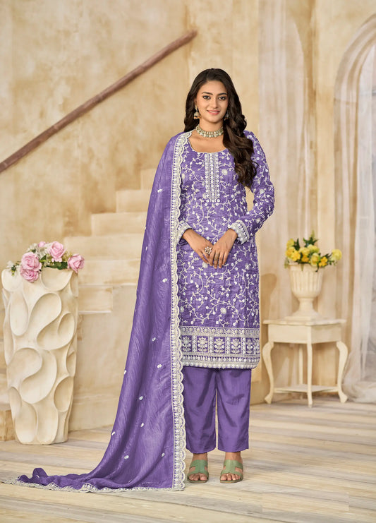 Lavender Crush Organza Embroidery Work Salwar Suit