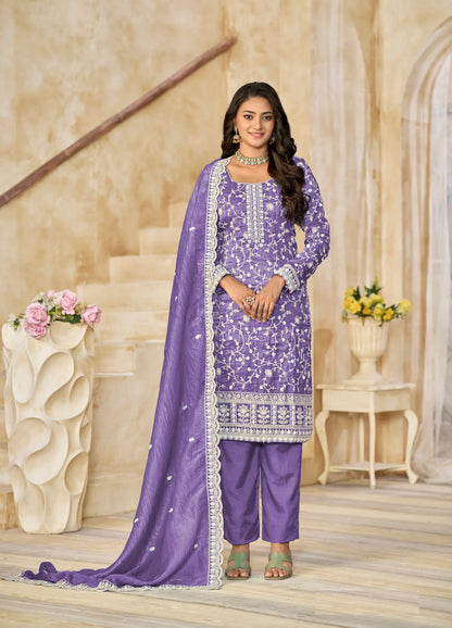 Lavender Crush Organza Embroidery Work Salwar Suit