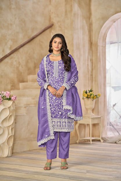 Lavender Crush Organza Embroidery Work Salwar Suit