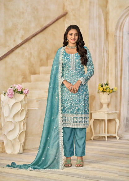 Teal Blue Crush Organza Embroidery Work Salwar Suit