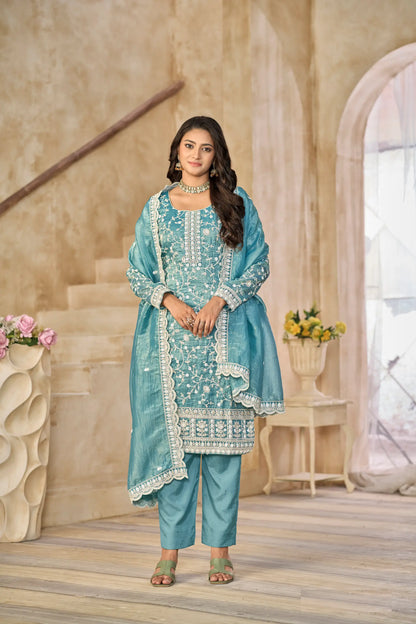 Teal Blue Crush Organza Embroidery Work Salwar Suit