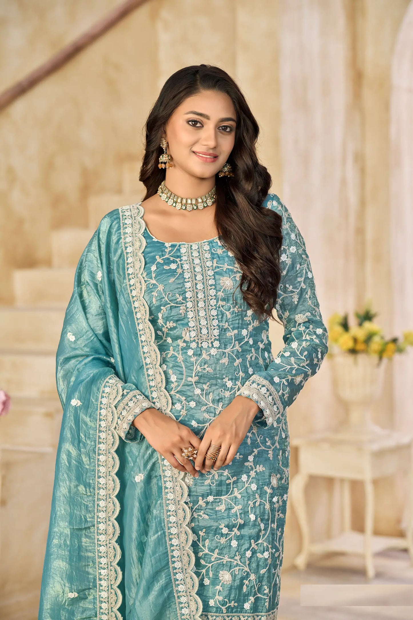 Teal Blue Crush Organza Embroidery Work Salwar Suit