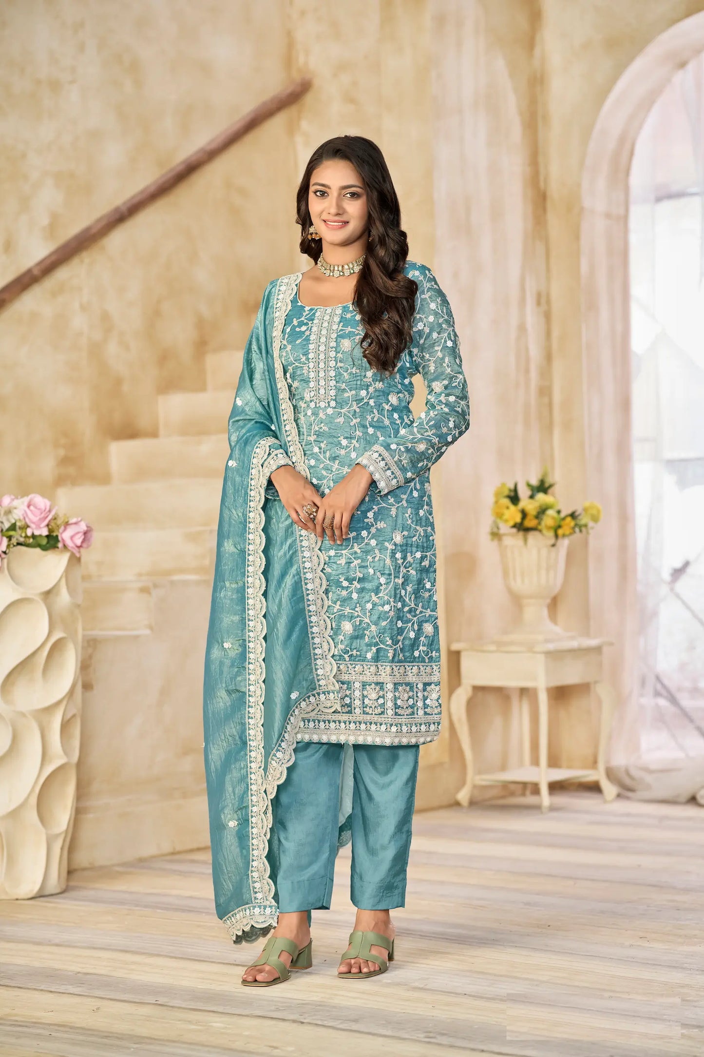 Teal Blue Crush Organza Embroidery Work Salwar Suit