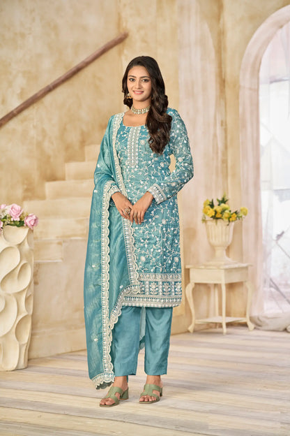 Teal Blue Crush Organza Embroidery Work Salwar Suit