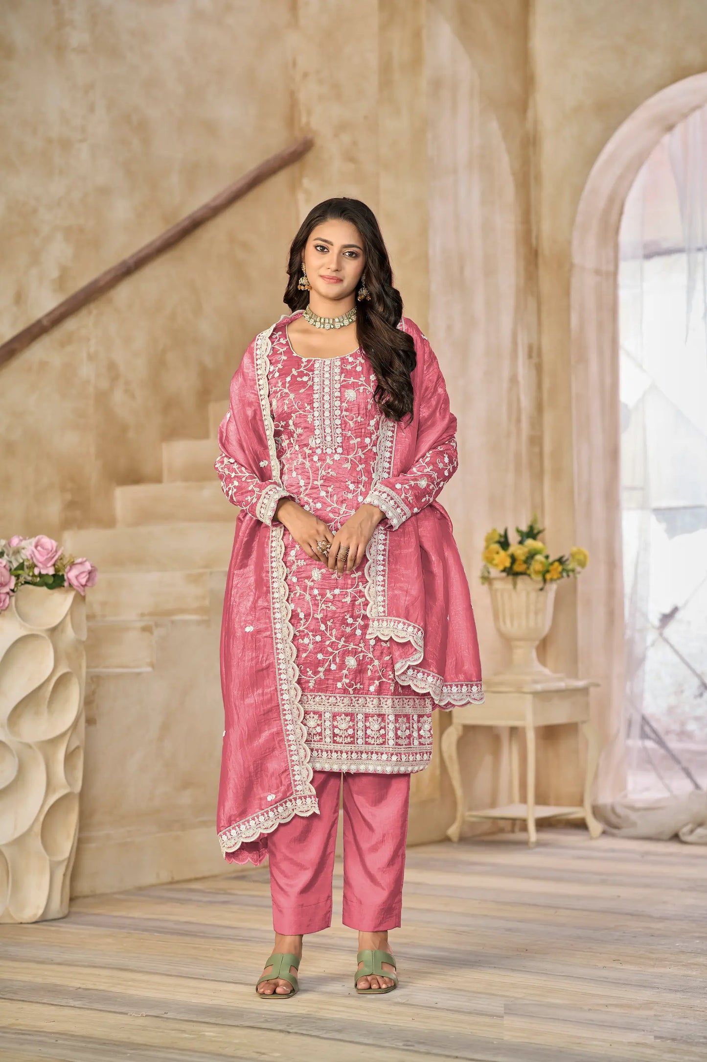 Light Pink Crush Organza Embroidery Work Salwar Suit