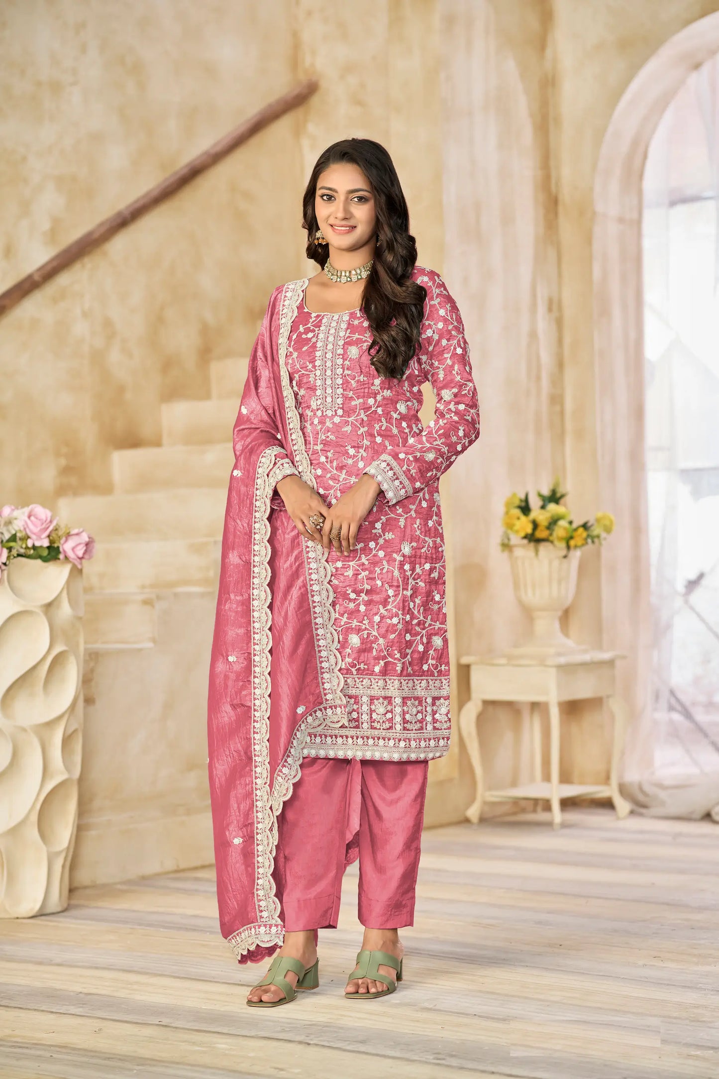 Light Pink Crush Organza Embroidery Work Salwar Suit