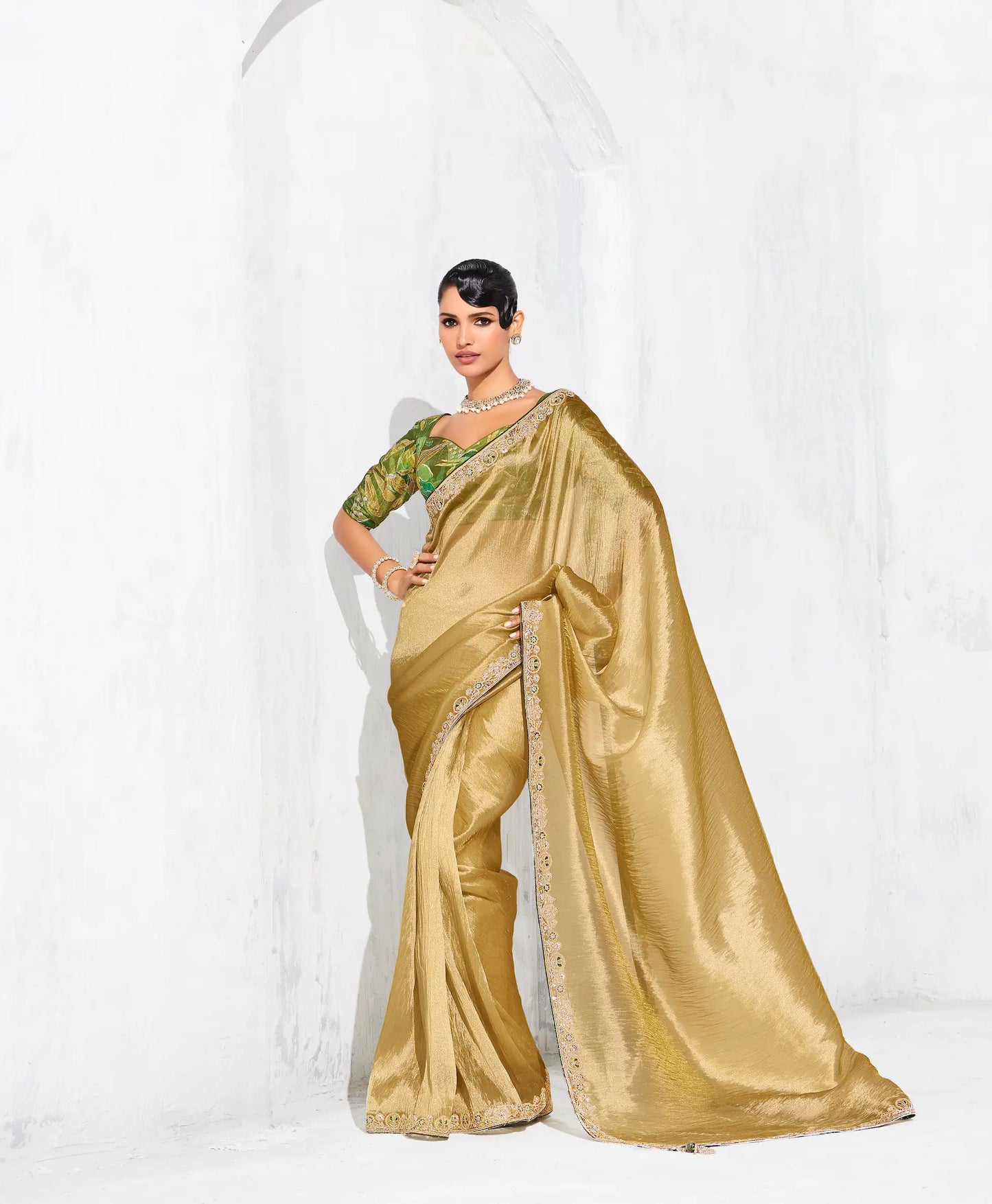 Sand Yellow Glass Tissue Embroidery Party Wear Saree