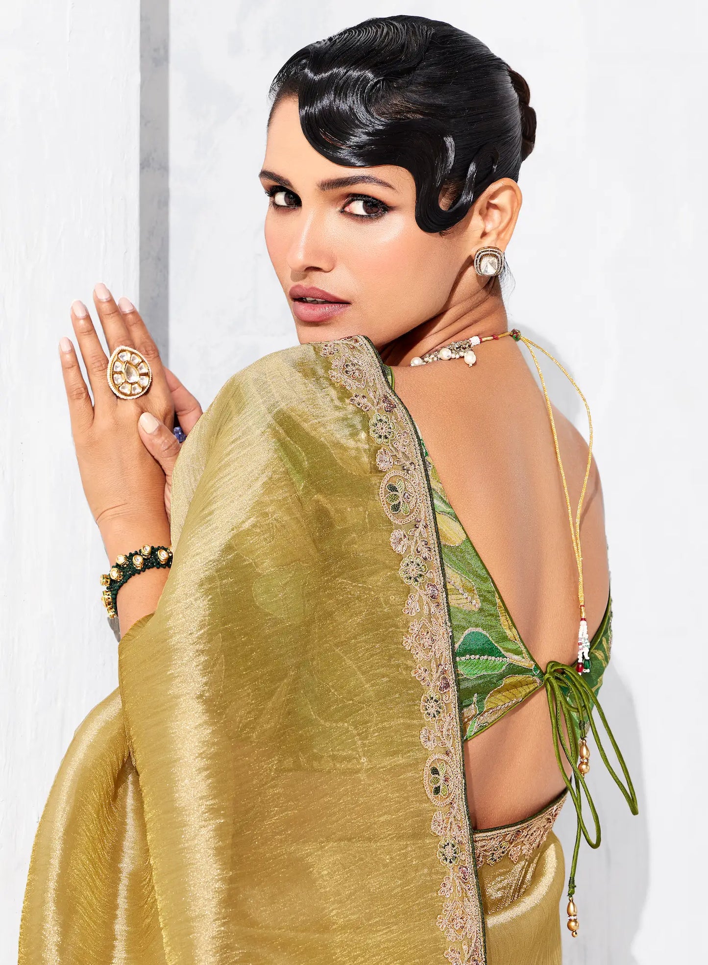 Sand Yellow Glass Tissue Embroidery Party Wear Saree